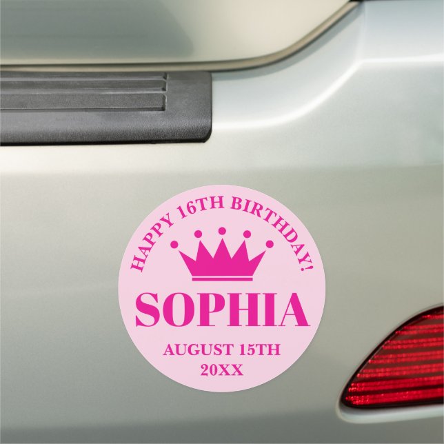Happy Sweet 16th Birthday pink princess crown Car Magnet (In Situ)