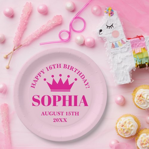 Happy Sweet 16th Birthday pink princess crown Paper Plates