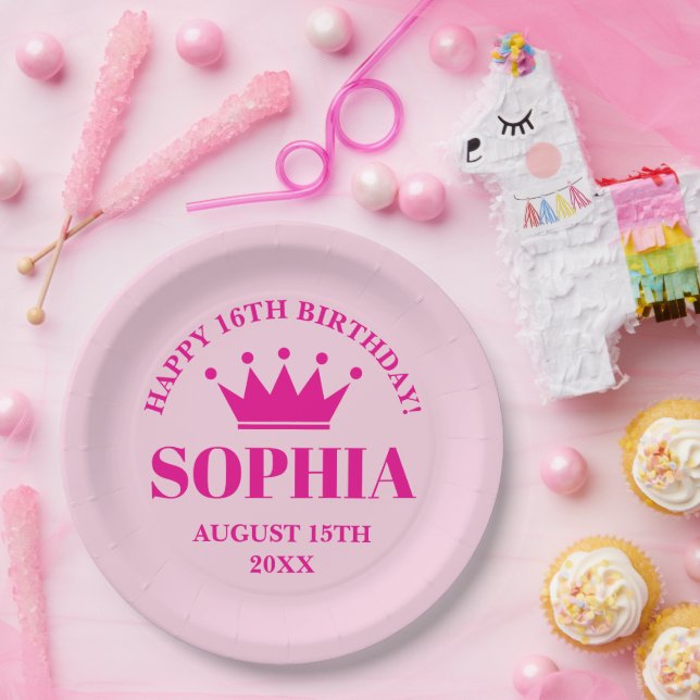 Happy Sweet 16th Birthday pink princess crown Paper Plates (Party)