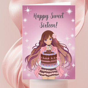 Happy Sweet Sixteen Teenager Girl with Cake Card