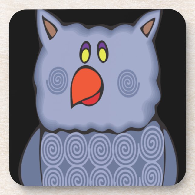 Happy Swirly Owl on Black Beverage Coaster (Front)