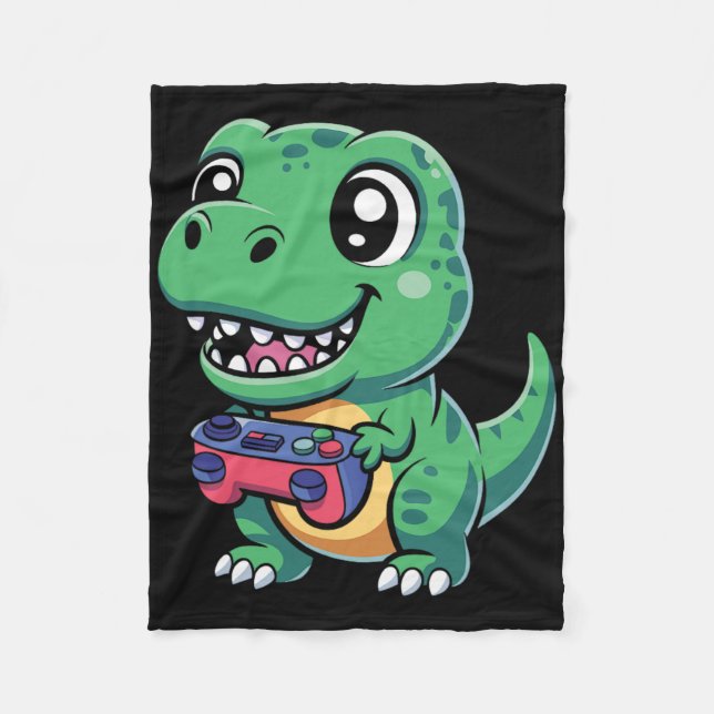 Happy T-rex With Game Controller Cute Gamer Dino T Fleece Blanket (Front)