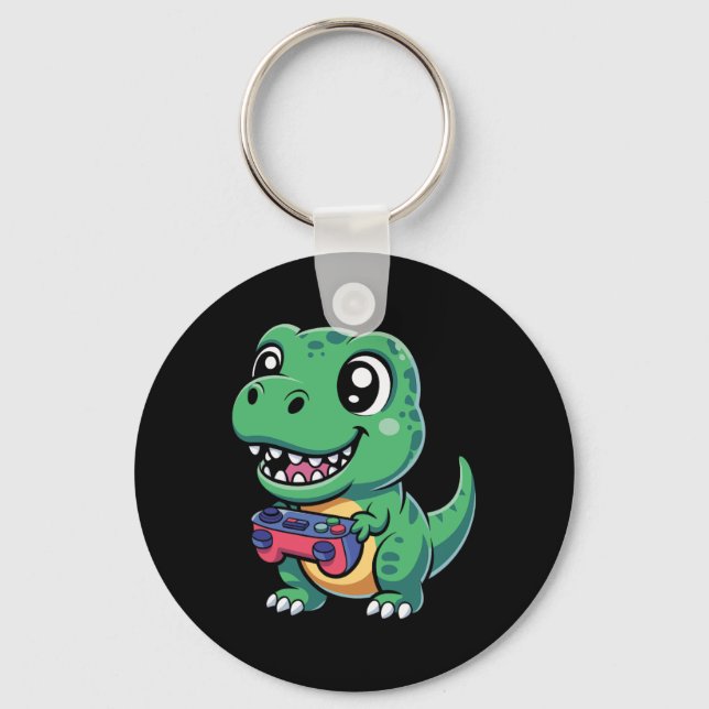 Happy T-rex With Game Controller Cute Gamer Dino T Keychain (Front)