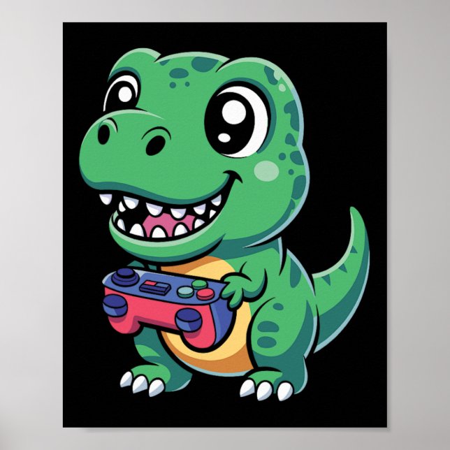 Happy T-rex With Game Controller Cute Gamer Dino T Poster (Front)