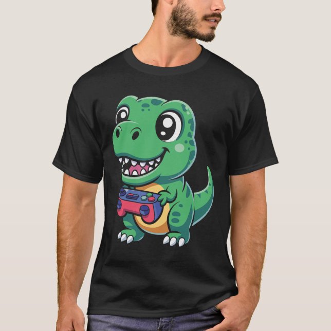 Happy T-rex With Game Controller Cute Gamer Dino T T-Shirt (Front)