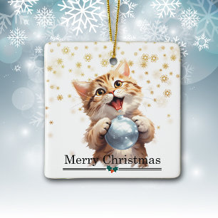 Happy Tabby Kitten with Christmas Tree Bulb Ceramic Ornament