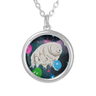 Happy Tardigrade floating through Space & balloons Silver Plated Necklace
