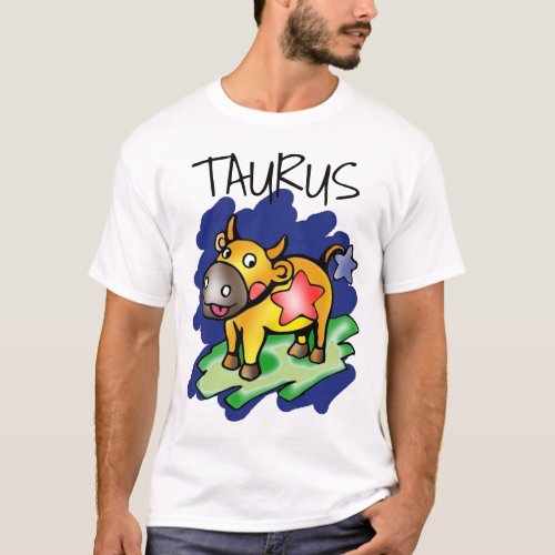 Happy Taurus Blue with Red Star Cartoon T_Shirt