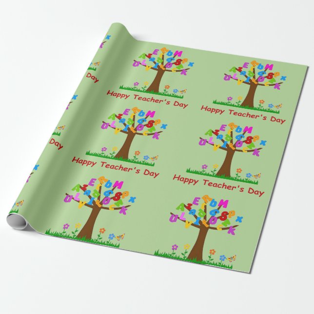 Happy Teachers Day Alphabet Tree Wrapping Paper (Unrolled)