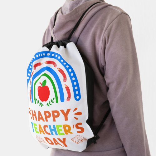 Happy Teachers Day Rainbow  Apple Drawstring Bag