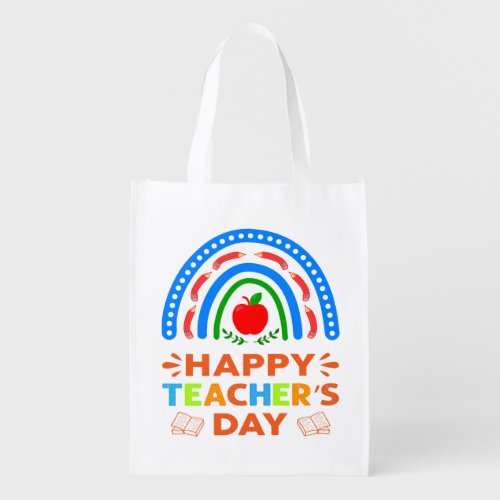 Happy Teachers Day Rainbow  Apple Grocery Bag