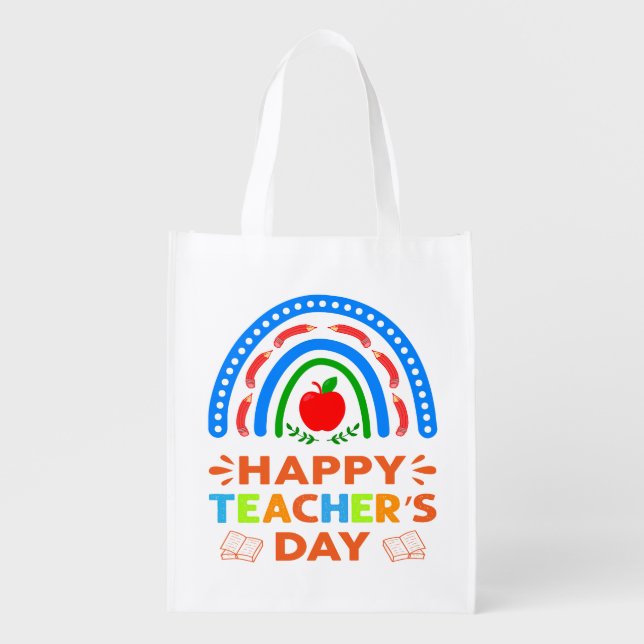 Happy Teachers Day Rainbow & Apple Grocery Bag (Front)