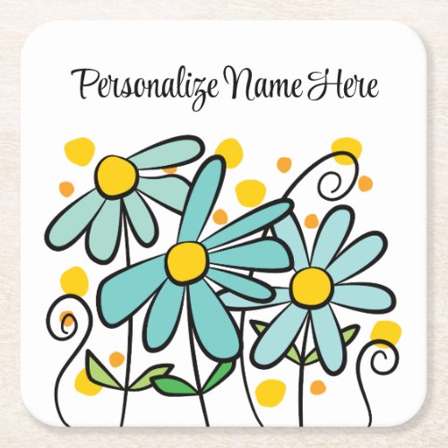 Happy Teal Aqua Daisies Square Paper Coaster