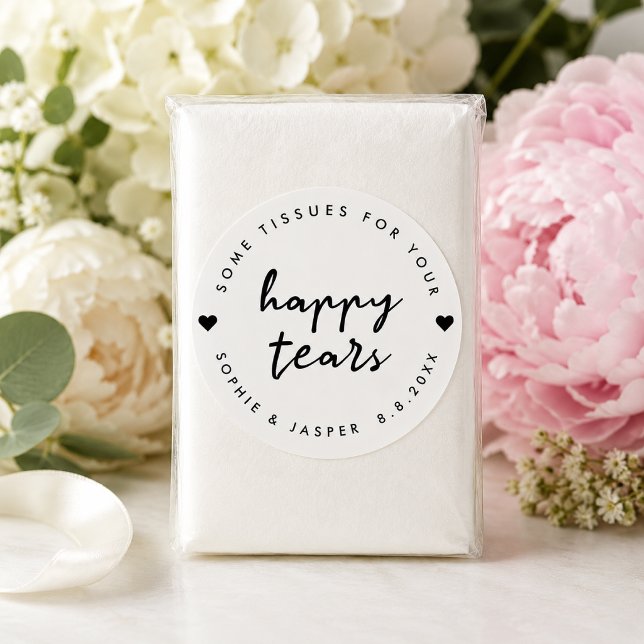Happy Tears Sticker | Wedding Favor Tissue Label (Personalized happy tears tissue packet sticker for wedding ceremony guests and favors.)