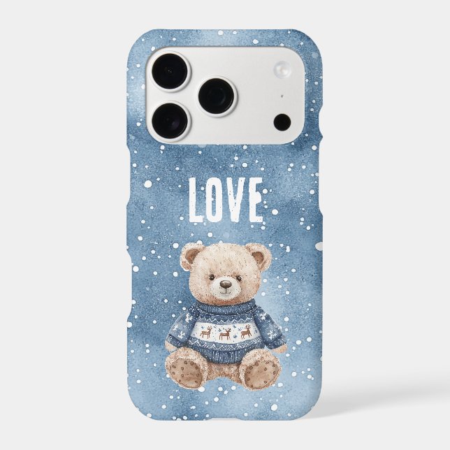 Happy Teddy Bear Blue Sweater Love iPhone Case (Back)