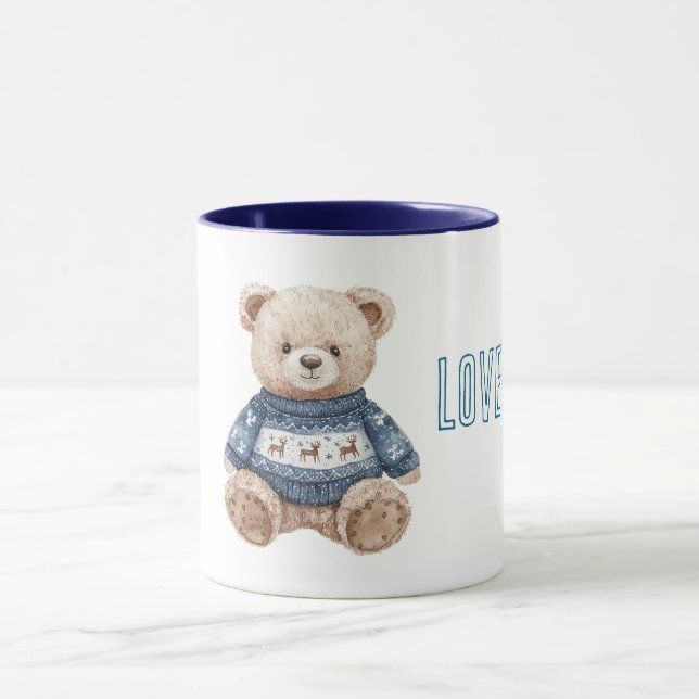 Happy Teddy Bear Blue Sweater Love Mug (Center)