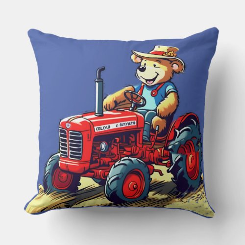 Happy teddy bear on a red tractor throw pillow