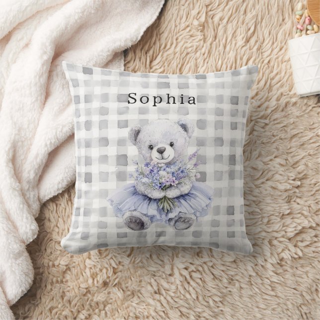 Happy Teddy Bear Purple Floral Throw Pillow (Blanket)