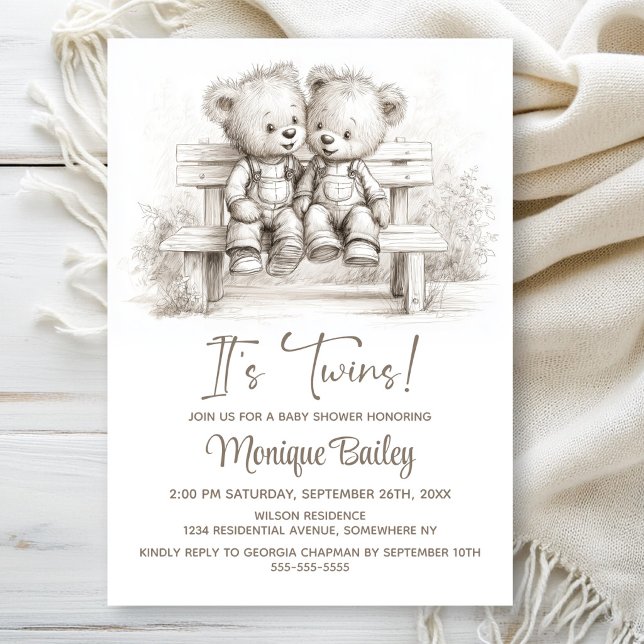 Happy Teddy Bear Twins Baby Shower Invitation (Creator Uploaded)