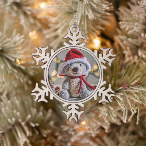 Happy Teddy Holiday Snowflake Pewter Christmas Ornament
