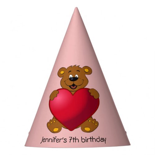 Happy teddybear with heart cartoon girl birthday party hat