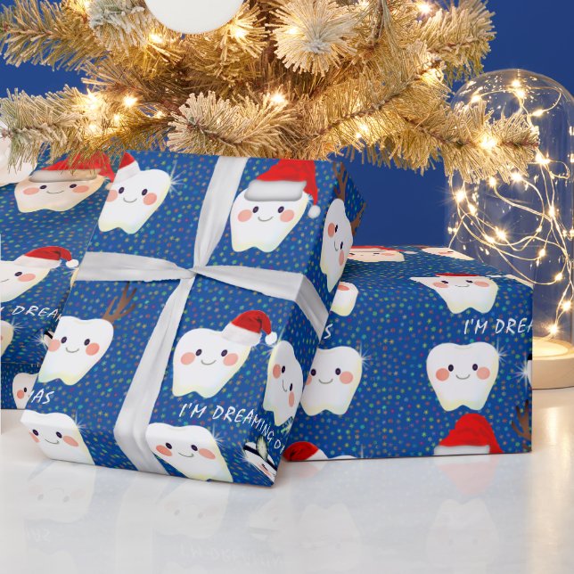 Happy Teeth and Snow  Blue Christmas Wrapping Paper (Holidays)
