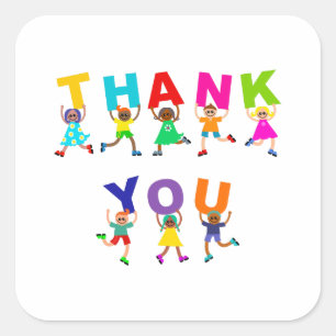 Happy Thank You Cute Cartoon Diverse Kids Text Square Sticker