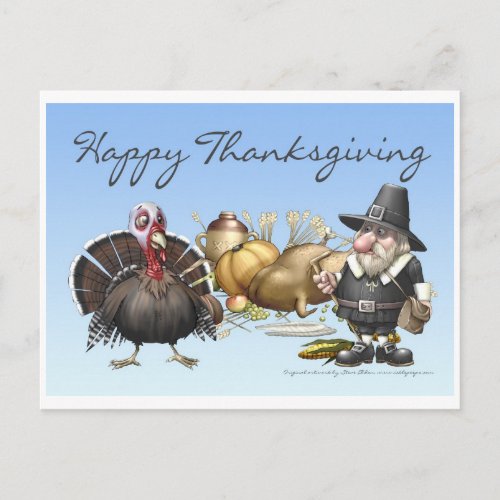 Happy Thankgiving Card With Pilgrim And Turkey