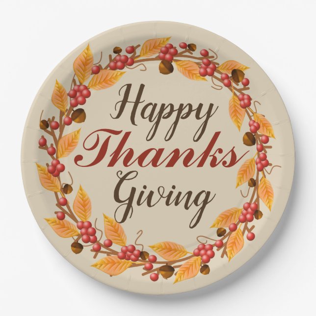 Happy Thanks Giving Fall Autumn Leaves Wreath Paper Plates (Front)