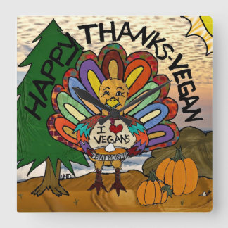 Happy Thanks Vegan Thanksgiving Turkey Square Wall Clock