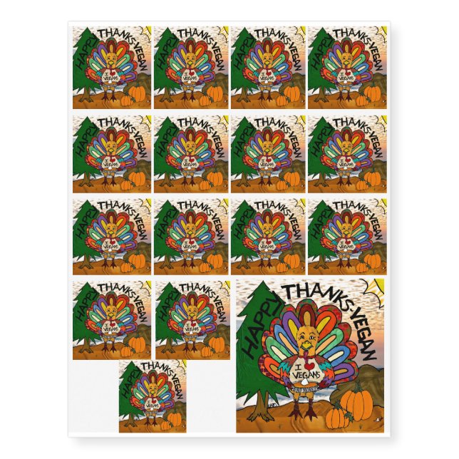 Happy Thanks Vegan Thanksgiving Turkey Temporary Tattoos (Front)