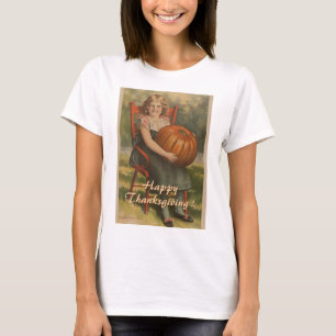 Happy Thanksgibing   Vintage Girl with Pumpkin T-Shirt