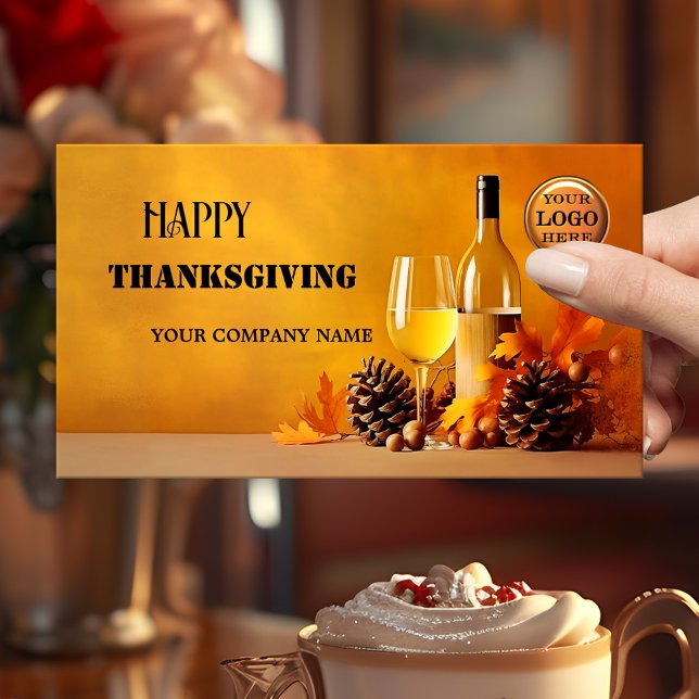 Happy Thanksgiving Autumn Business Card (A seasonal business card featuring wine with pine cones and autumn leaves - Thanksgiving - fall)