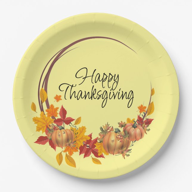 HAPPY THANKSGIVING Autumn Colors Pumpkins Wreath Paper Plates (Front)