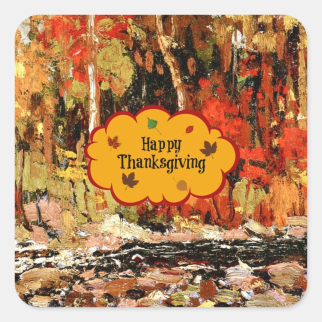 Happy Thanksgiving, autumn colors, Square Sticker (Front)