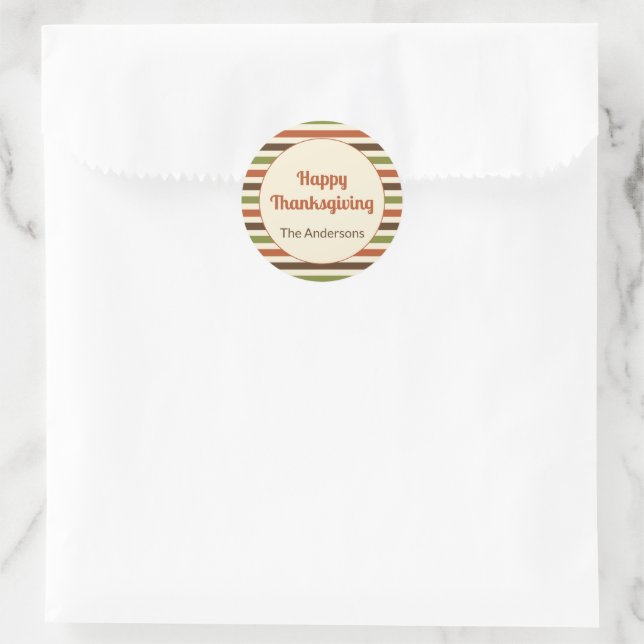 Happy Thanksgiving Autumn Colors Stripes Classic Round Sticker (Bag)