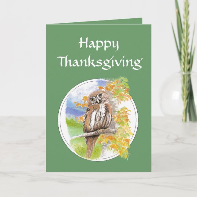 Happy Thanksgiving, Autumn, Fall Owl  Bird, Nature Holiday Card (Front)