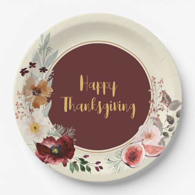 Happy Thanksgiving Autumn Flowers & Figs Paper Plates (Front)