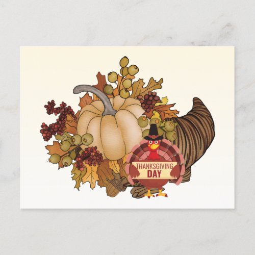 Happy Thanksgiving Autumn Harvest and Turkey  Holiday Postcard