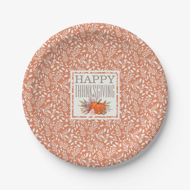 Happy Thanksgiving | Autumn Harvest Leaf Pattern Paper Plates (Front)