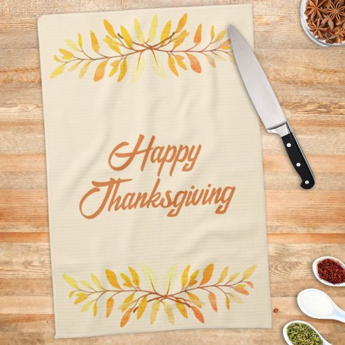 Happy Thanksgiving Autumn Leaf Border Custom Kitchen Towel