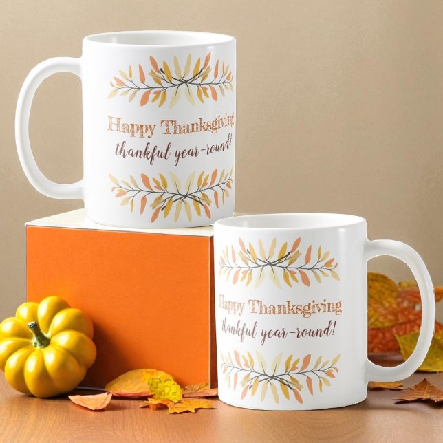 Happy Thanksgiving Autumn Leaf Borders Coffee Mug (Design view on both sides of ceramic mug handle)