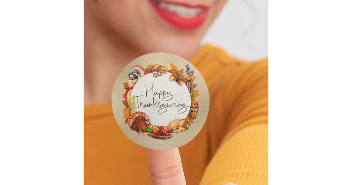 Happy Thanksgiving Autumn Leaf Wreath Animals Classic Round Sticker ...