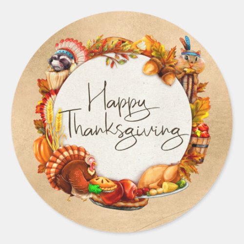 Happy Thanksgiving Autumn Leaf Wreath Animals Classic Round Sticker