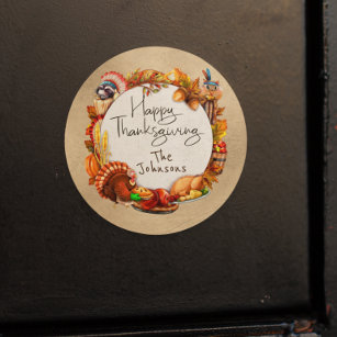 Happy Thanksgiving Autumn Leaf Wreath Monogram Classic Round Sticker