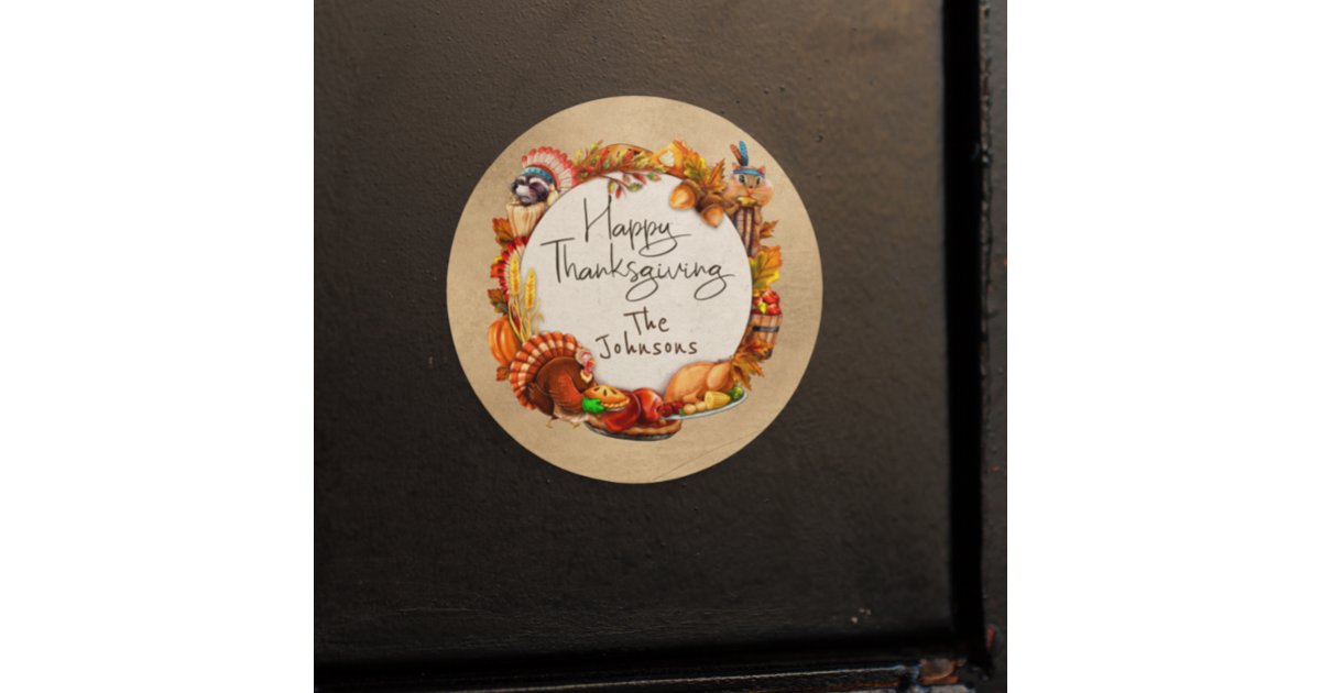 Happy Thanksgiving Autumn Leaf Wreath Monogram Classic Round Sticker ...