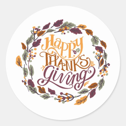 Happy Thanksgiving Autumn Leaf Wreath Typography Classic Round Sticker