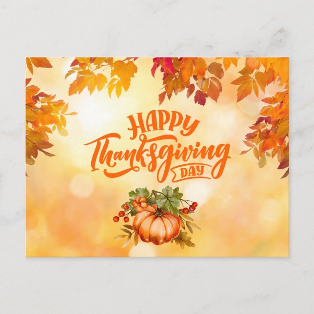 Happy Thanksgiving Autumn Leaves and Pumpkin  Holiday Postcard (Front)