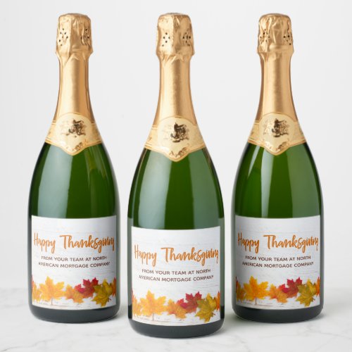 Happy Thanksgiving Autumn Leaves Custom Business Sparkling Wine Label