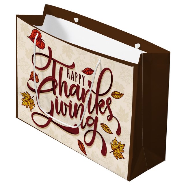 Happy Thanksgiving Autumn Leaves  Large Gift Bag (A digital illustration of "Happy Thanksgiving" in a festive, autumnal style.)
